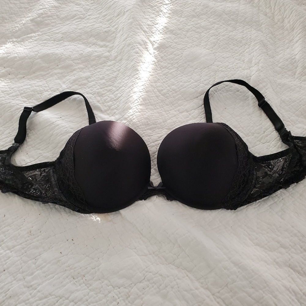 Black satin and lace padded bra